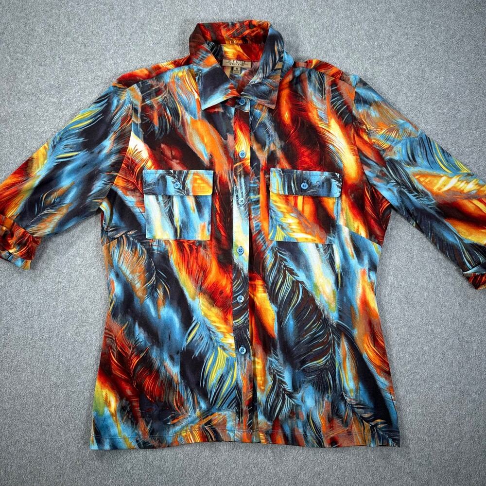 Peck & Peck Weekend Feather Print Button Front Blouse Women's Medium Blue Red